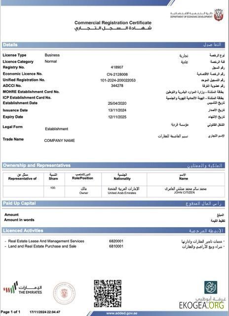 Modèle Word et PDF de certificat d'enregistrement commercial des Émirats arabes unis à Abu Dhabi